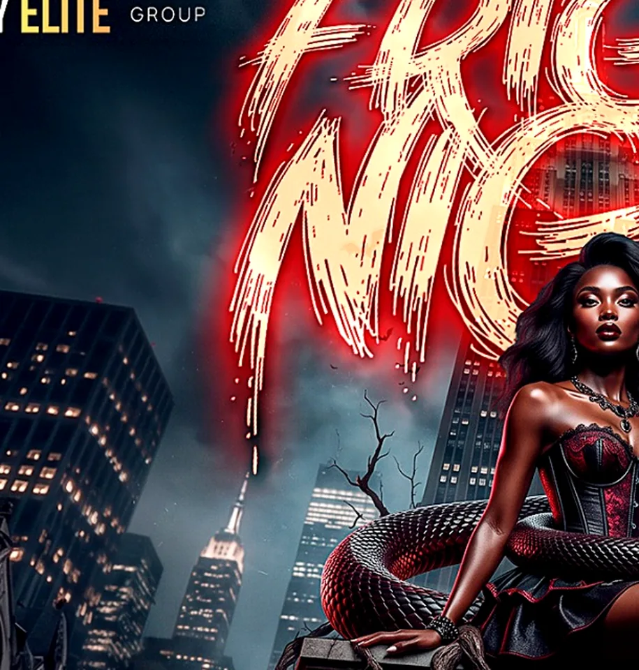 Fright Night NYC Halloween Party artwork featuring a woman and serpent above the New York City skyline